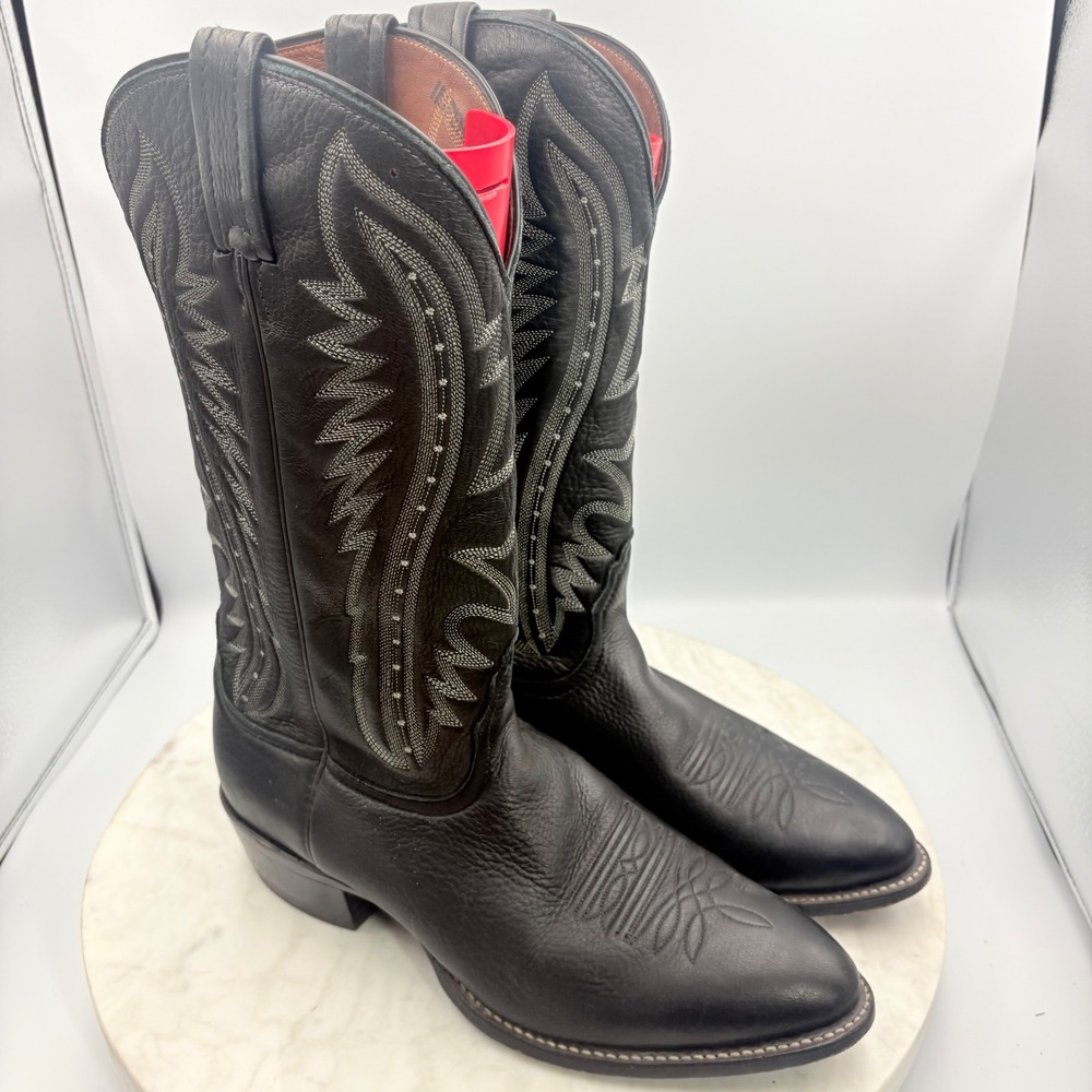 Nocona Cowboy Boots Men 8.5D Black Leather Western Stitched Almond Toe 14" Shaft